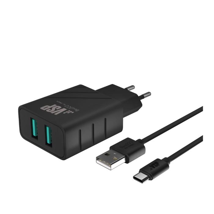 СЗУ BoraSCO 2 USB, 2.4A + кабель Type-C 1м., 37264, черный